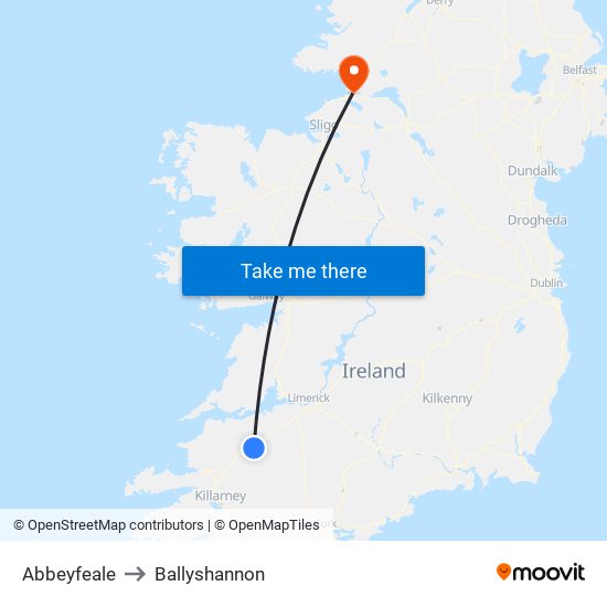 Abbeyfeale to Ballyshannon map