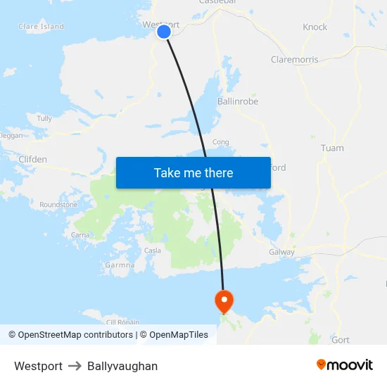 Westport to Ballyvaughan map