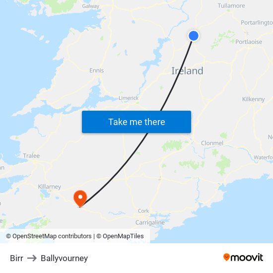 Birr to Ballyvourney map