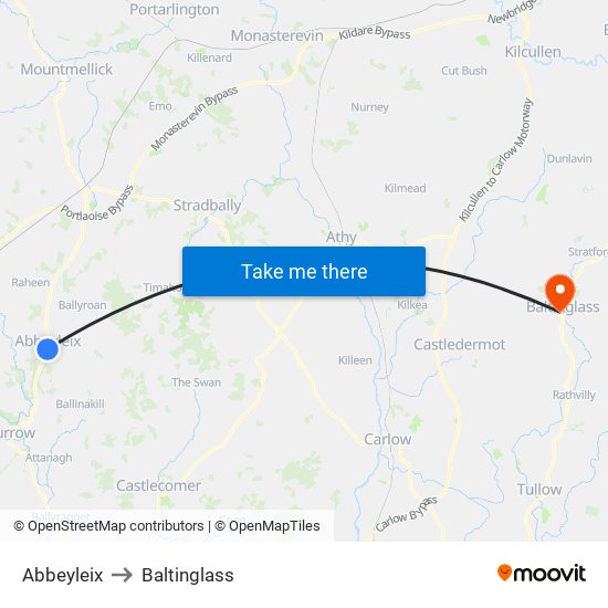Abbeyleix to Baltinglass map