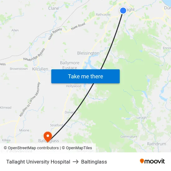 Tallaght University Hospital to Baltinglass map
