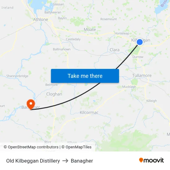 Old Kilbeggan Distillery to Banagher map