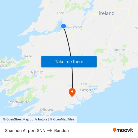 Shannon Airport SNN to Bandon map