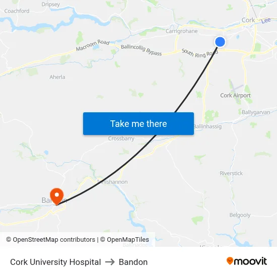 Cork University Hospital to Bandon map