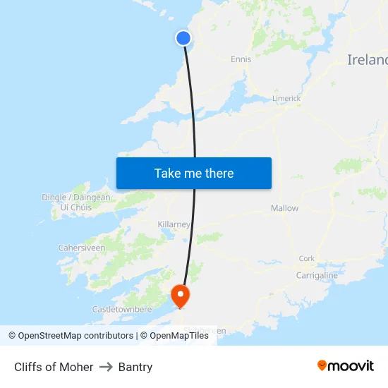 Cliffs of Moher to Bantry map