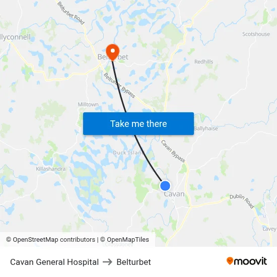 Cavan General Hospital to Belturbet map