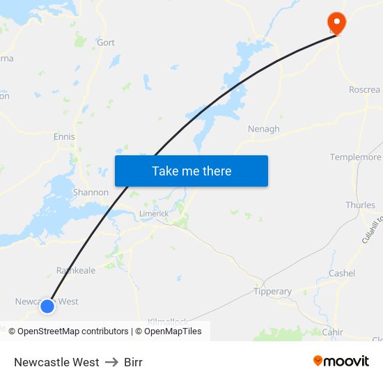 Newcastle West to Birr map