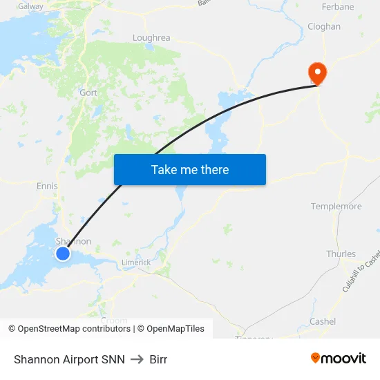 Shannon Airport SNN to Birr map