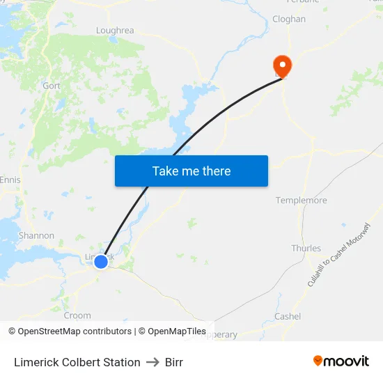 Limerick Colbert Station to Birr map