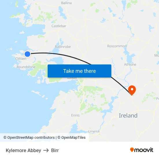 Kylemore Abbey to Birr map