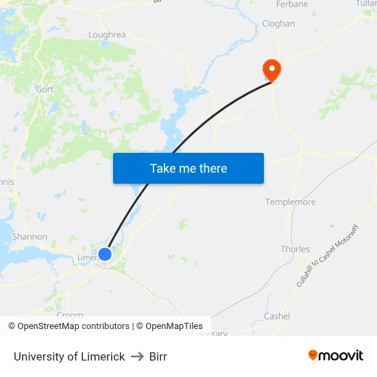 University of Limerick to Birr map