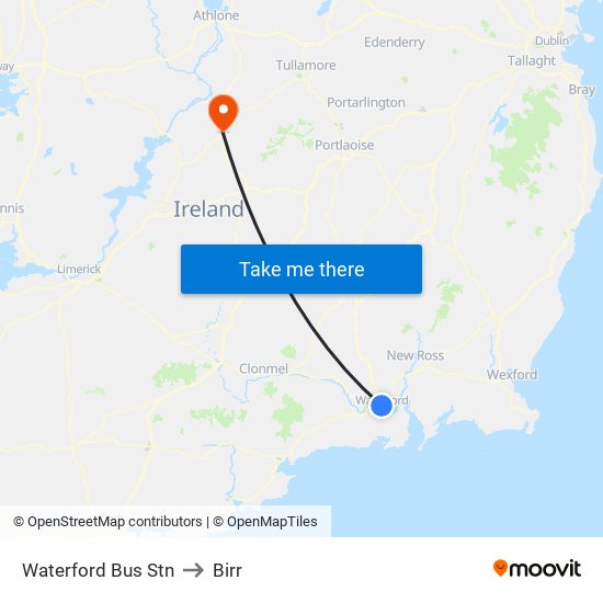 Waterford Bus Stn to Birr map