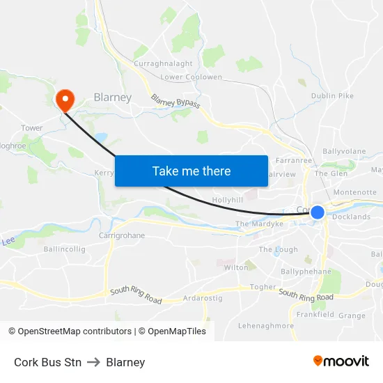 Cork Bus Stn to Blarney map