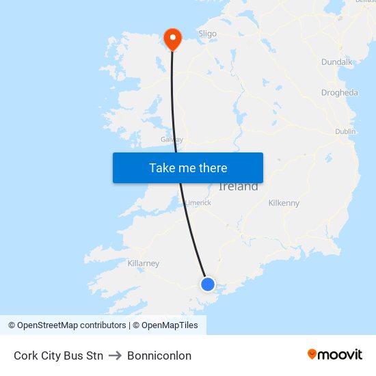 Cork City Bus Stn to Bonniconlon map