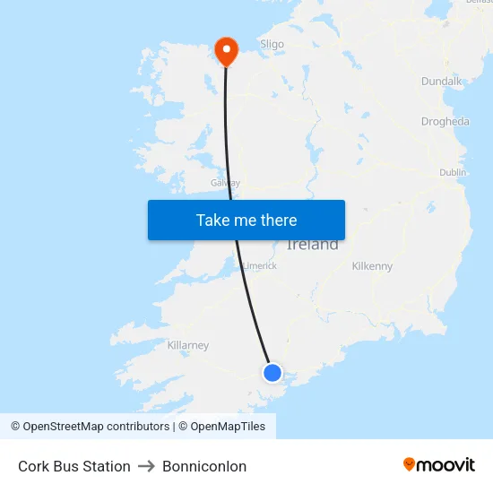 Cork Bus Station to Bonniconlon map