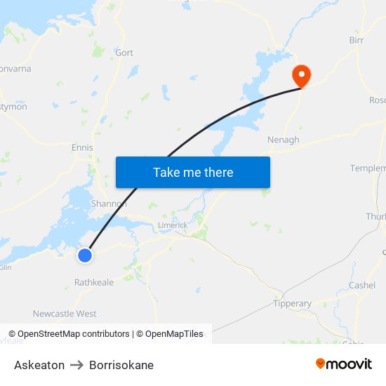 Askeaton to Borrisokane map