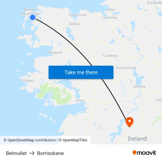 Belmullet to Borrisokane map