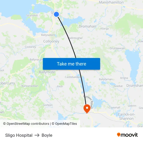 Sligo Hospital to Boyle map