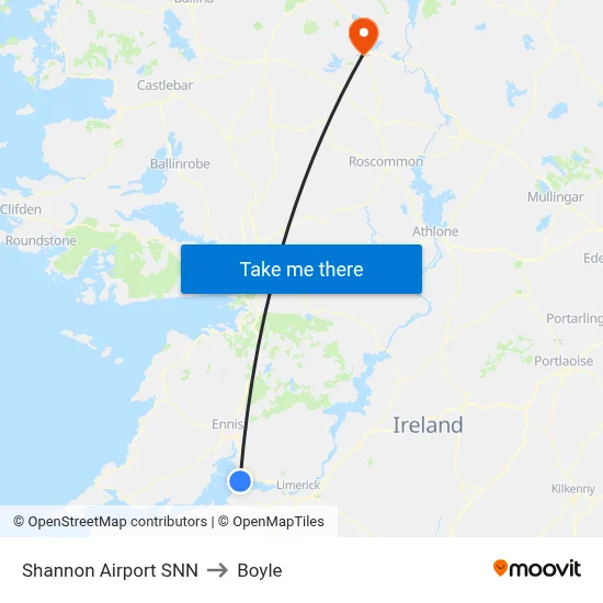 Shannon Airport SNN to Boyle map