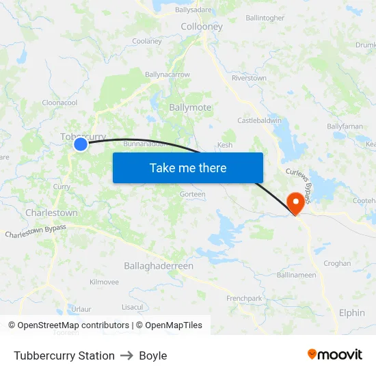 Tubbercurry Station to Boyle map