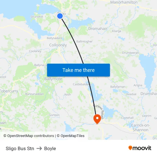 Sligo Bus Stn to Boyle map
