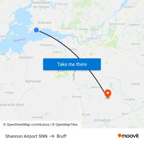 Shannon Airport SNN to Bruff map