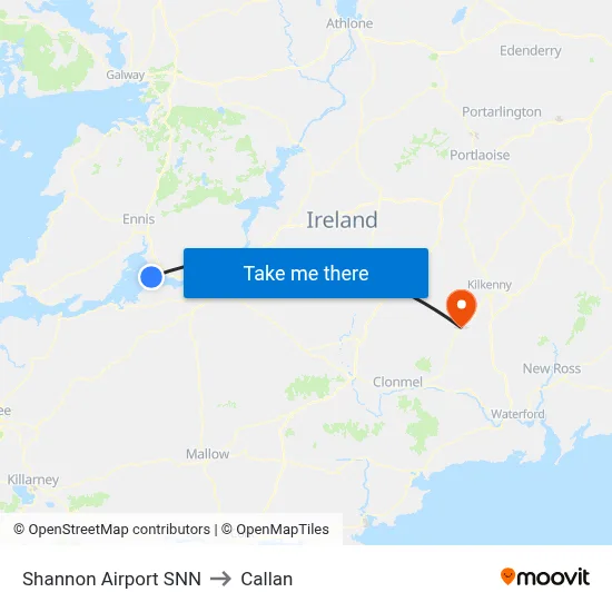 Shannon Airport SNN to Callan map