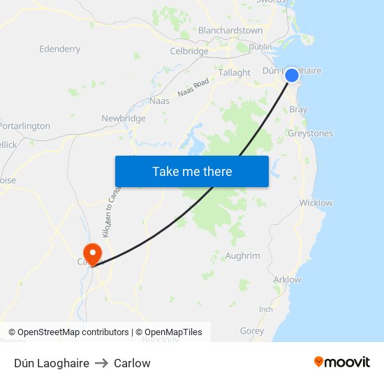 Dún Laoghaire to Carlow map