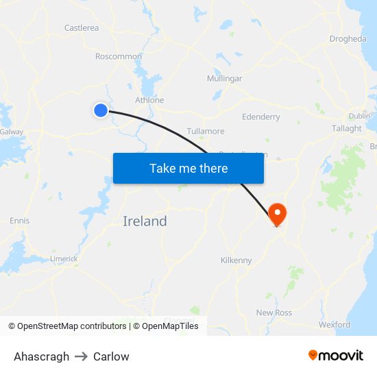 Ahascragh to Carlow map