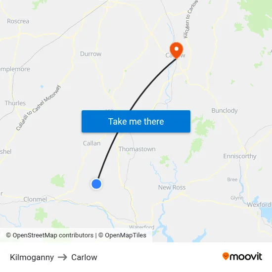 Kilmoganny to Carlow map