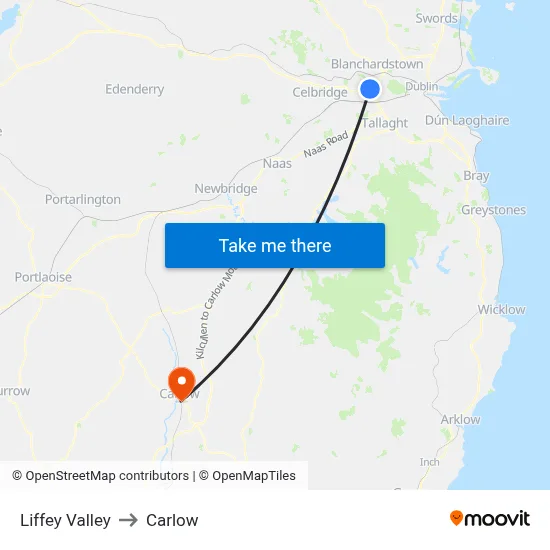 Liffey Valley to Carlow map
