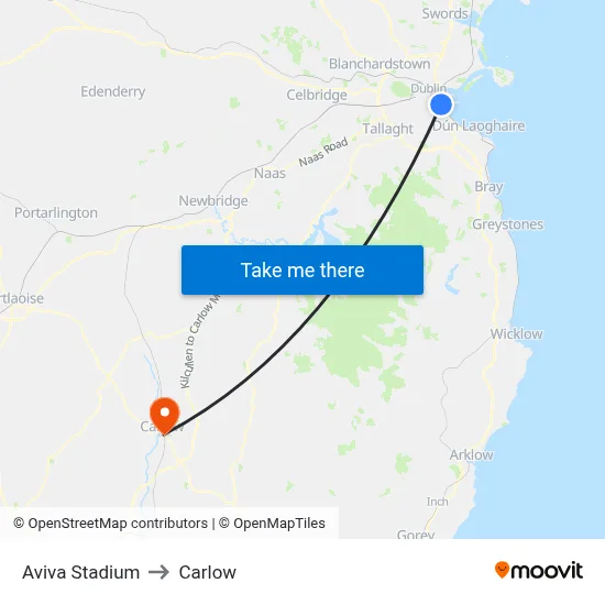 Aviva Stadium to Carlow map