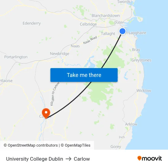 University College Dublin to Carlow map