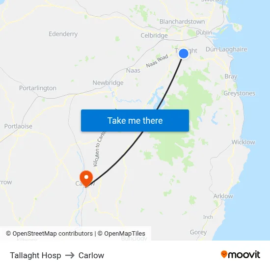 Tallaght Hosp to Carlow map