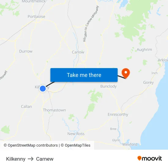 Kilkenny to Carnew map