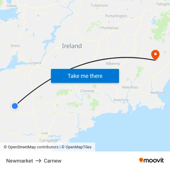 Newmarket to Carnew map