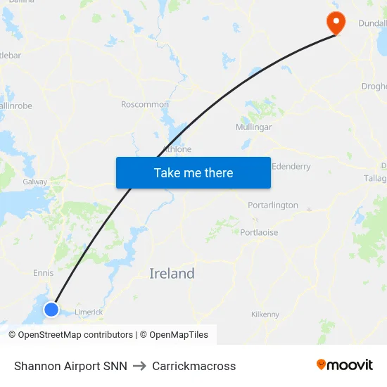 Shannon Airport SNN to Carrickmacross map