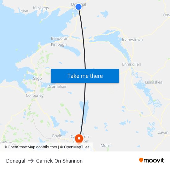 Donegal to Carrick-On-Shannon map