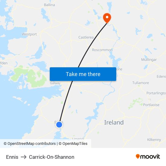 Ennis to Carrick-On-Shannon map