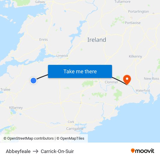 Abbeyfeale to Carrick-On-Suir map