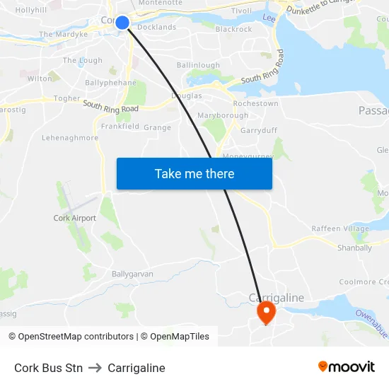 Cork Bus Stn to Carrigaline map