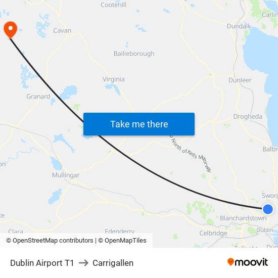 Dublin Airport T1 to Carrigallen map
