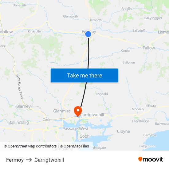 Fermoy to Carrigtwohill map