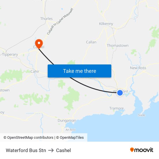 Waterford Bus Stn to Cashel map