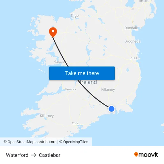Waterford to Castlebar map