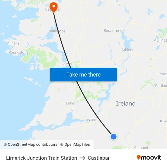 Limerick Junction Train Station to Castlebar map
