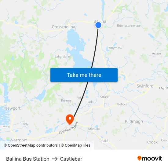 Ballina Bus Station to Castlebar map
