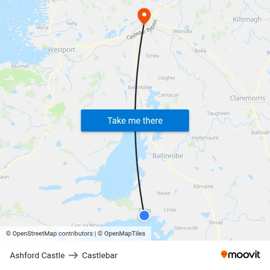 Ashford Castle to Castlebar map