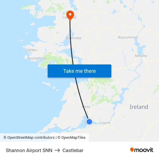 Shannon Airport SNN to Castlebar map