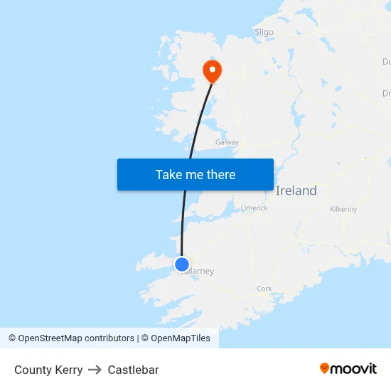 County Kerry to Castlebar map